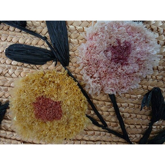 Handcrafted Straw Rattan Tote Bag 3d Floral Embroidery & Leather Wrapped Handles - Picture 3 of 11